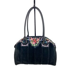 Oovoo Black Suede Handbag Satchel Embroidered Silk Purse Shoulder Bag Vietnamese